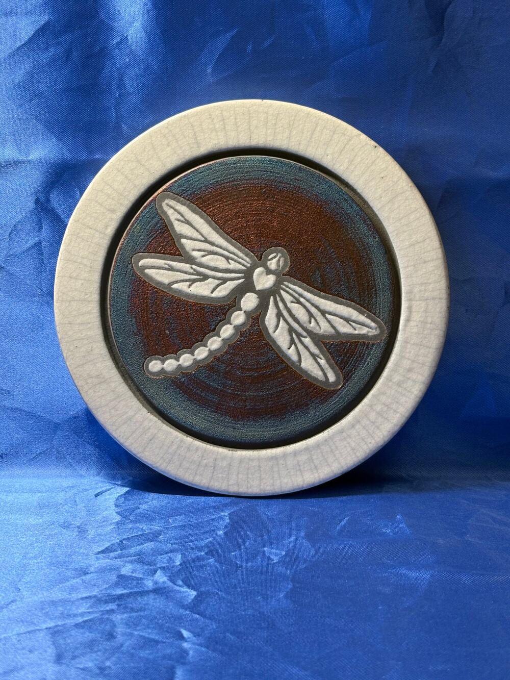 J Dillon Raku Pottery Trivet Coaster with Dragonfly Design